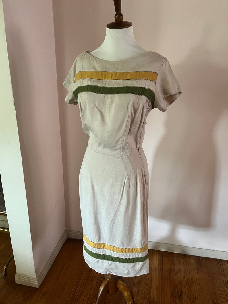 1950s 60s Linen with Lime and Yellow Stripes Wiggle Dress image 3