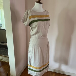 1950s 60s Linen with Lime and Yellow Stripes Wiggle Dress image 4