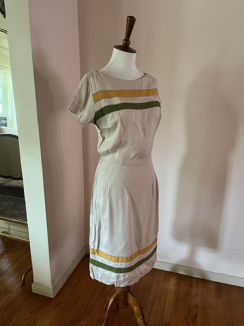 1950s 60s Linen with Lime and Yellow Stripes Wiggle Dress image 4