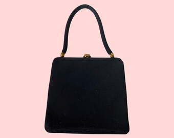 1950s 60s Black PermaSuede Handbag with Rose Kisslock Closure