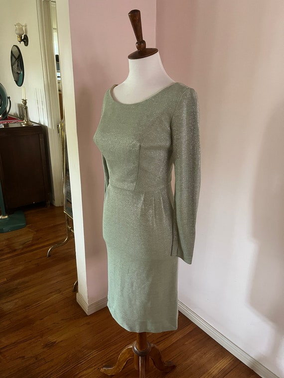1950s 60s Lurex Mint Green Bodycon Shimmer Dress - image 3