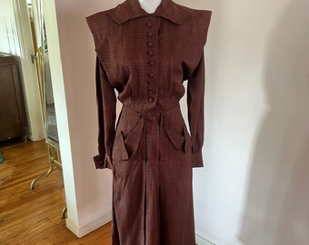 1950s 40s Brown Woven Midi Length Dress