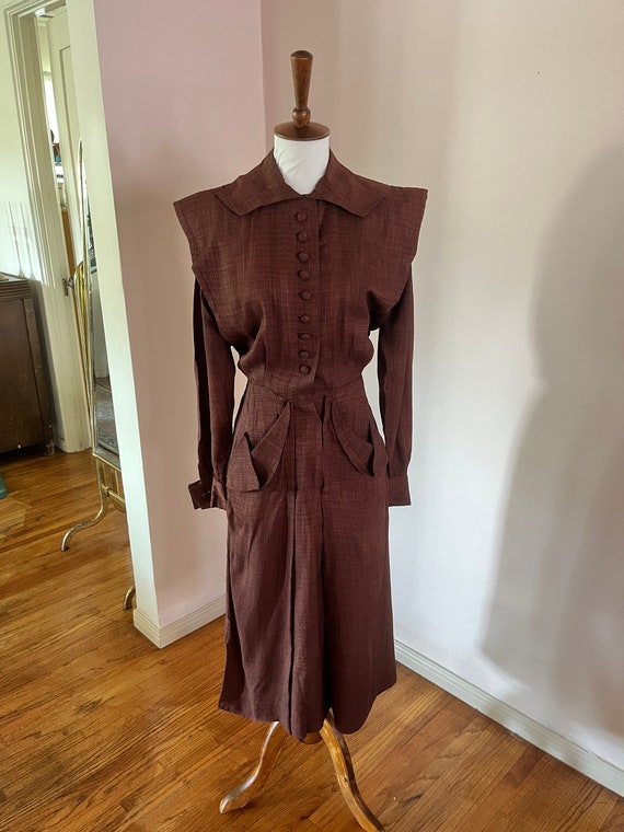 1950s 40s Brown Woven Midi Length Dress