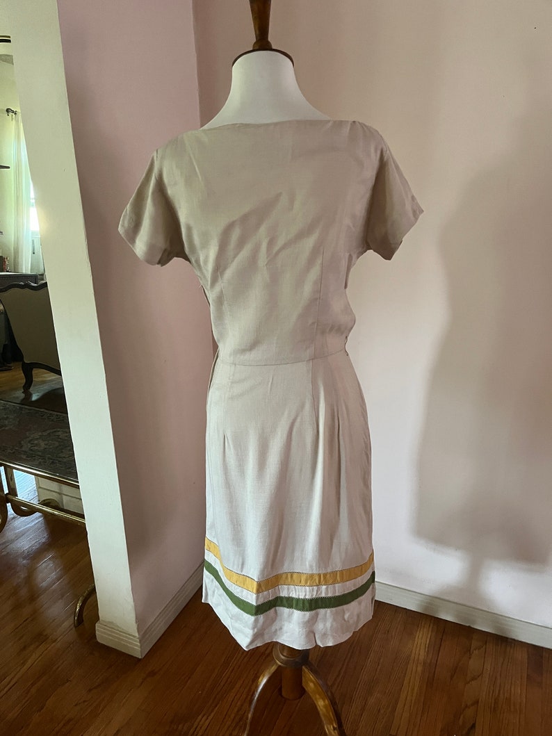 1950s 60s Linen with Lime and Yellow Stripes Wiggle Dress image 5