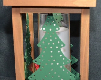 Christmas Tree lantern with cardinals and poinsettia flowers