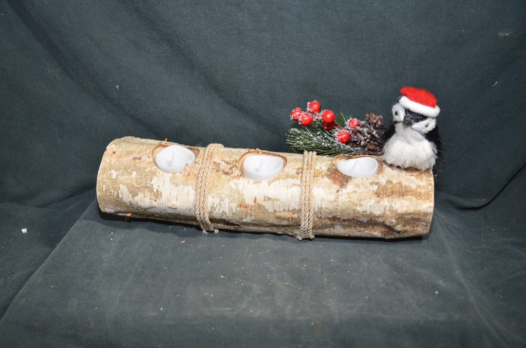 Birch Log Centerpiece Decoration Three Tea Lights Pine Cone, Berries