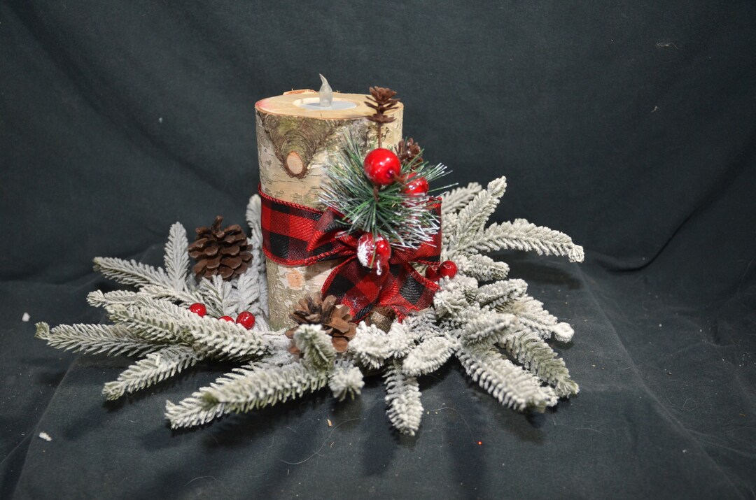 Birch Log Centerpiece Tea Light Pine Cone, Crab Apples & Pine Branch