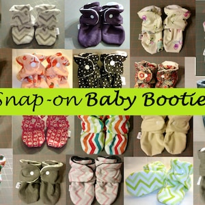 Baby Booties with Snaps, Custom Fabrics. Will not fall off Handmade. Cotton or Fleece. image 1