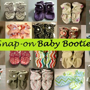 Baby Booties with Snaps, Custom Fabrics. Will not fall off Handmade. Cotton or Fleece. image 1