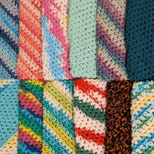 May include: A collection of colorful crocheted dishcloths in various patterns and colors, including blue, green, red, pink, and yellow.