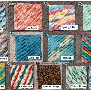 May include: A collection of 12 crocheted pot holders in various colors and patterns, including Ocean Purple, Pink Peach, Spring Lilies, Mint, Unicorn Purple, Dark Teal, Teal Stripe, Rainbow, Chartreuse Teal, Candy Cane, Black & Orange, Yellow Green, and Mermaid.
