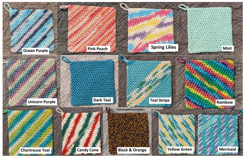 May include: A collection of 12 crocheted pot holders in various colors and patterns, including Ocean Purple, Pink Peach, Spring Lilies, Mint, Unicorn Purple, Dark Teal, Teal Stripe, Rainbow, Chartreuse Teal, Candy Cane, Black & Orange, Yellow Green, and Mermaid.