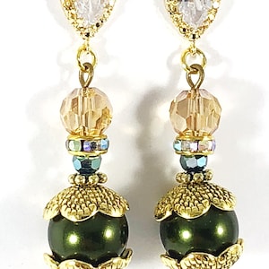 Elegant Green Pearl Earrings, Cubic Zirconia Earrings, Green Pearl Drop Earrings, Earrings, Crystal Earrings, Sparkly Pearl Earrings