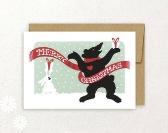 Merry Christmas Bear and Rabbit hand-silkscreened note card