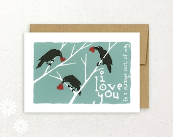 Strange Love Ravens with Hearts hand-silkscreened notecard