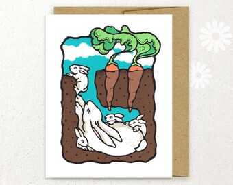 Bunnies in the Carrot Garden hand-silkscreened notecard