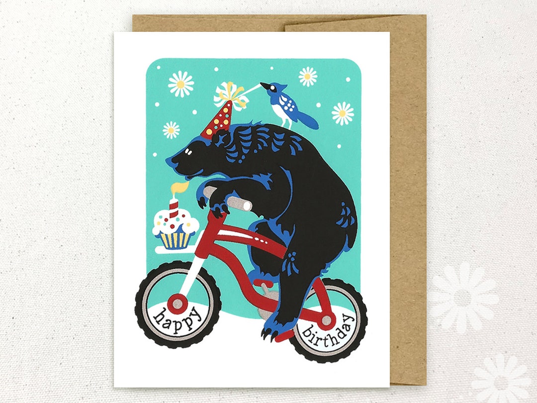 Mountain Bike Birthday Bear Card Hand Silkscreened Screen Printed - Etsy