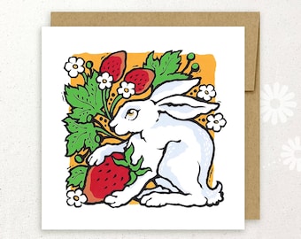 Strawberry Rabbit hand-silkscreened notecard