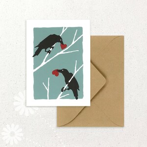 Corbeaux avec cœurs mini-cartes de notes sérigraphiées à la main, boîte de 6