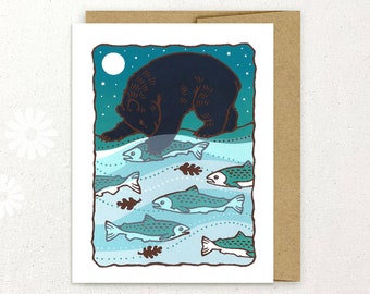 Bear Fishing in the Moonlight Card Hand Silkscreened Screen Printed