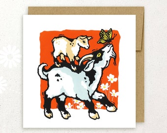 Pygmy Goats and Butterfly hand-silkscreened notecard