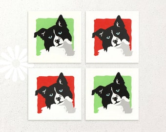 Border Collie hand-silkscreened mini notecards / gift cards / Set of 4 Red and Green