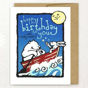Bear and Rabbit Sailing Screen Printed Birthday Card