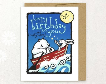 Bear and Rabbit Sailing Screen Printed Birthday Card