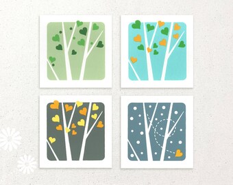 Aspen Hearts 4 Seasons hand screenprinted mini notecards / gift cards / Set of 4