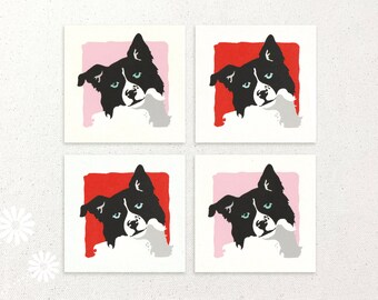 Border Collie hand-silkscreened mini notecards / gift cards / Set of 4 Pink and Red
