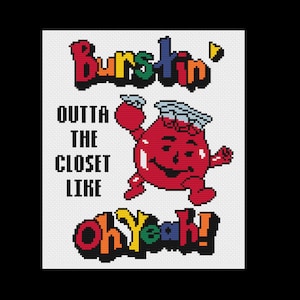 Pode incluir: Um personagem de desenho animado vermelho com uma cabeça em forma de jarro e um sorriso travesso, com o texto "Burstin' outta the closet like oh yeah!" em cores do arco-íris.