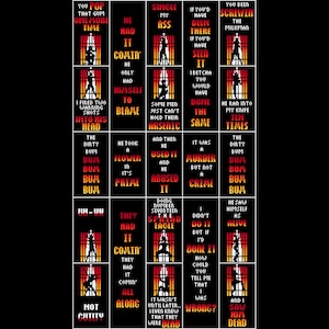 Puede incluir: Un diseño gráfico negro y rojo con el texto "POP-SIX SQUISH-UH-UH-CICERO-LIPSCHITZ" en la parte superior e inferior. El gráfico está dividido en una cuadrícula de 16 cuadrados, cada uno con la silueta de una persona y texto. El texto incluye frases como "You Pop That Gum One More Time", "Single My Ass", "He Had It Comin'" y "He Ran Into My Knife Ten Times".