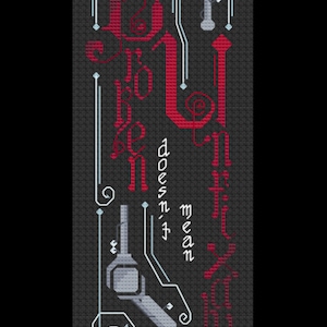 May include: A black and white cross-stitch design with the text "Big isn't always better, it doesn't mean it's not good." The design features a stylized font and geometric shapes.