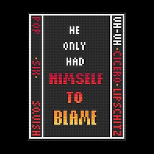 Puede incluir: Una imagen pixelada en blanco y negro con el texto "He only had himself to blame" en rojo y amarillo. El texto está rodeado por un borde blanco.
