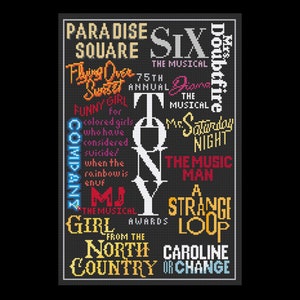 May include: A black and white image of a chalkboard with a list of Broadway musicals, including "Six", "Mrs. Doubtfire", "Flying Over Sunset", "Funny Girl", "Company", "Diana", "Mr. Saturday Night", "The Music Man", "A Strange Loop", "Girl From the North Country", and "Caroline, or Change".