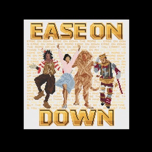 May include: A cross-stitch pattern featuring the characters from the movie The Wizard of Oz. The characters are Dorothy, the Scarecrow, the Tin Man, and the Cowardly Lion. The pattern is in shades of gold and white and includes the lyrics to the song "Ease on Down the Road".