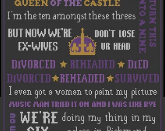 Puede incluir: Gráfico gris oscuro con texto en blanco, morado y dorado. El texto incluye frases como "Reina del castillo", "Divorciada, decapitada, muerta" y "Estamos haciendo lo nuestro". También hay un gráfico de corona.