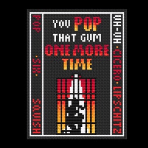 Puede incluir: Un diseño de pixel art en blanco y negro de una persona en una jaula con el texto "You pop that gum one more time" y "Uh-huh - Cicero - Lipschultz" en los lados.