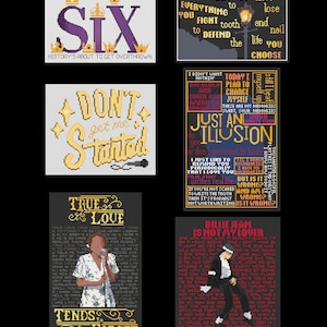 May include: Four colourful digital art prints with text and images. The first print is purple and gold with the word "SIX" and the text "History's about to get overthrown". The second print is yellow with the text "Don't get me started". The third print is black and gold with the text "True Love Tends to Forget" and a woman singing into a microphone. The fourth print is black and red with the text "Billie Jean is not my lover" and a black and white image of a man in a black jacket and white shirt.