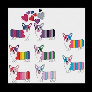 May include: Eight colourful corgi dogs with rainbow stripes on their backs. The corgis are arranged in a circle with hearts above them.