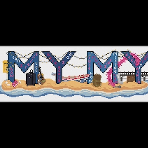 May include: A blue and white illustration of the word "MYMY" with various travel-themed elements, including a suitcase, a boat, a guitar, and a life preserver. The text around the letters reads "Can't wait to go again, I just know how much you missed it".