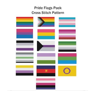 May include: A cross stitch pattern featuring a variety of pride flags, including the rainbow, transgender, bisexual, pansexual, genderqueer, asexual, and intersex flags.
