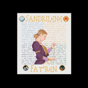May include: A cross-stitch pattern featuring a woman with blue eyes and a purple dress. The text "SANDRILENE" and "FATOREN" is visible in the image. The pattern is a traditional style with a colorful palette.