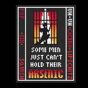 Puede incluir: Una imagen pixelada en blanco y negro de una persona en una jaula con el texto "Some men just can't hold their arsenic" en letras rojas y amarillas.