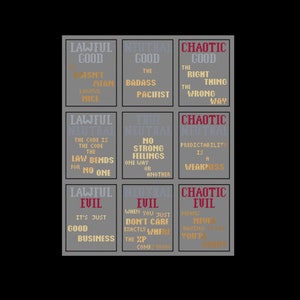 May include: A chart with nine squares, each representing a different alignment on the Dungeons and Dragons alignment chart. The squares are labeled with the alignment, such as "Lawful Good", "Neutral Good", and "Chaotic Evil". Each square contains a short description of the alignment.