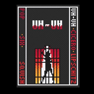 Puede incluir: Una imagen pixelada en blanco y negro de una cinta de casete con el texto "UH-UH" en rojo y blanco. Los textos "LIP-SCHITZ" y "HSINHS" están en los lados izquierdo y derecho de la cinta, respectivamente.