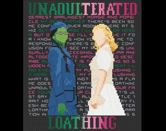 Puede incluir: Un patrón de punto de cruz con dos mujeres, una con un vestido verde y la otra con un vestido blanco. El texto "UNADULTERATED LOATHING" está escrito en letras rosas y verdes.