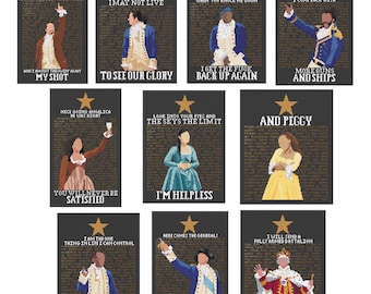 May include: Nine illustrated portraits of characters from the musical Hamilton, each with a lyric from the show. The portraits are set against a dark grey background with a gold star in the top right corner of each image. The lyrics are in white text.