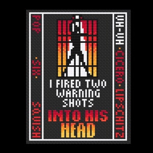 Puede incluir: Una imagen pixelada en blanco y negro de una persona con un fondo rojo, naranja y amarillo. El texto dice "I fired two warning shots into his head" con las palabras "shots" y "head" en amarillo. El texto "Lipschitz - Click - Hi-Hi" está en el lado derecho de la imagen y el texto "His - Six - Four" está en el lado izquierdo de la imagen.