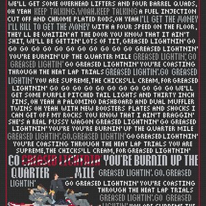 May include: A black and red illustration of a car with the text "GO GREASED LIGHTNIN' YOU'RE BURNIN' UP THE QUARTER MILE GREASED LIGHTIN' GO. GREASED LIGHTNIN' YOU'RE COASTING THROUGH THE HEAT LAP TRIALS GREASED LIGHTIN' GO GREASED LIGHTIN' YOU ARE SUPREME, THE CHICKS'LL CREAM, FOR GREASED LIGHTNIN'".